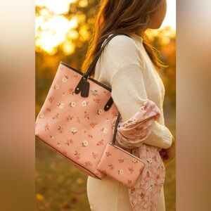 COACH TOTE (TOSSED PEONY PRINT ) , Wristlet and Matching Scarf (New)